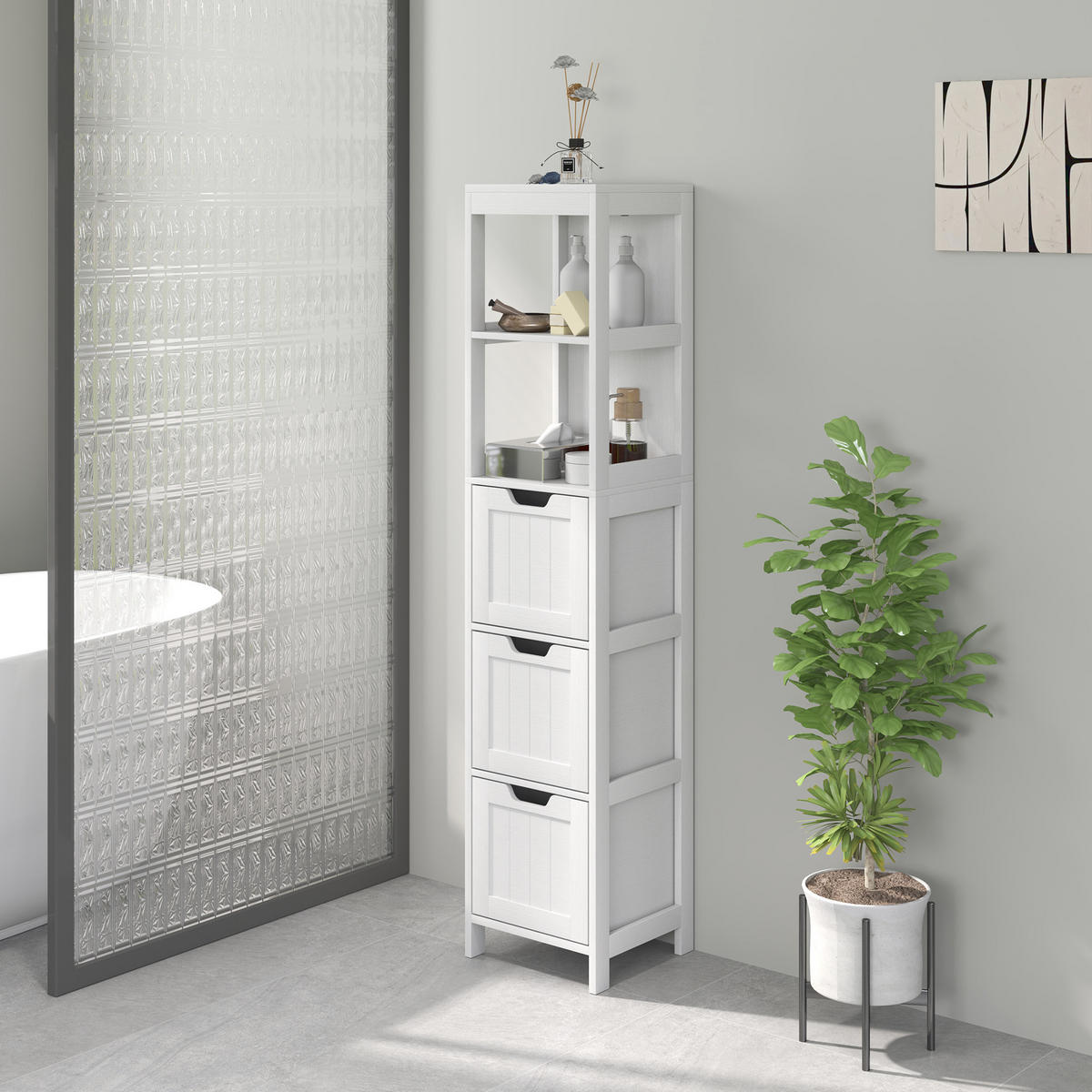 BADEZIMMERSCHRANK Badschrank Bad Hochschrank mit 3 Schubladen, 2 offenen Fächern - Weiß, Holz (30/142.4/30cm) - HOMCOM