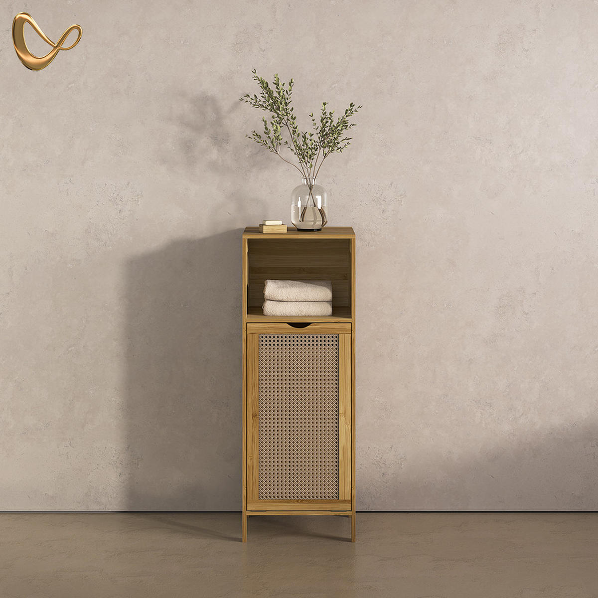 KOPALNIŠKA OMARICA Mincio, Bambus, 36 x 98 cm s košaro za perilo - naravne barve, leseni material (36/98/33cm) - Livinity®