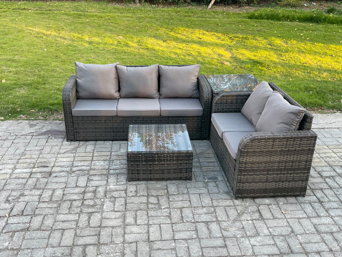 GARTENSOFA SET mit Couchtisch Polyrattan Dunkelgrau 5-teilige - Dunkelgrau/Grau, Glas/Kunststoff - Fimous