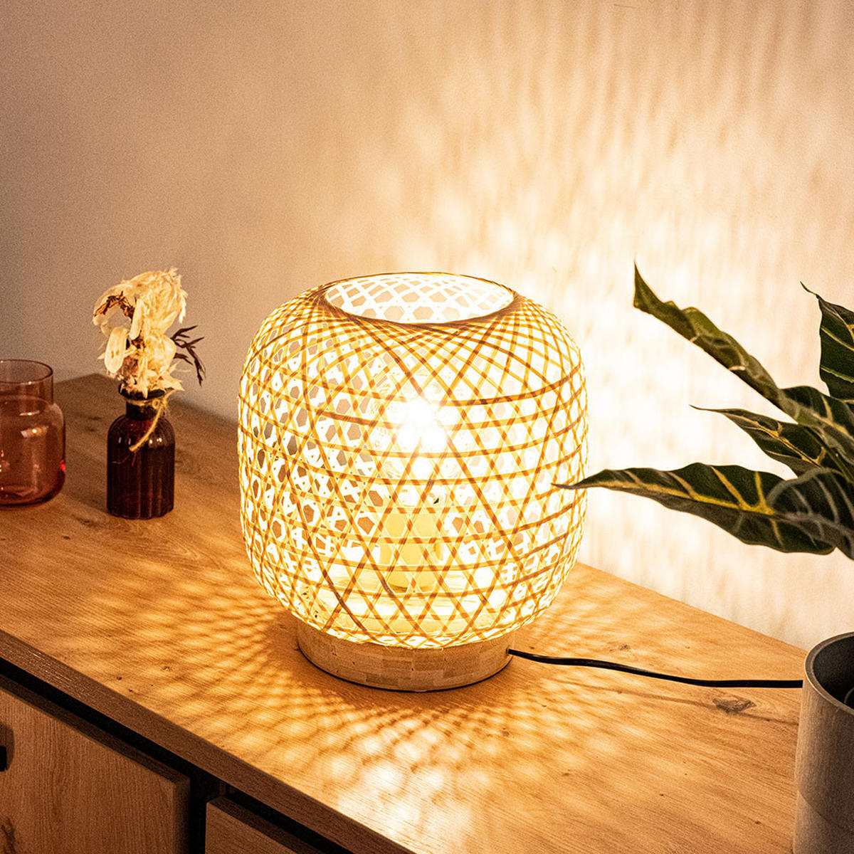 LED TISCHLEUCHTE Bambus Geflecht Braun - Braun, Holz (23.5/23.5/27cm) - Globo Lighting