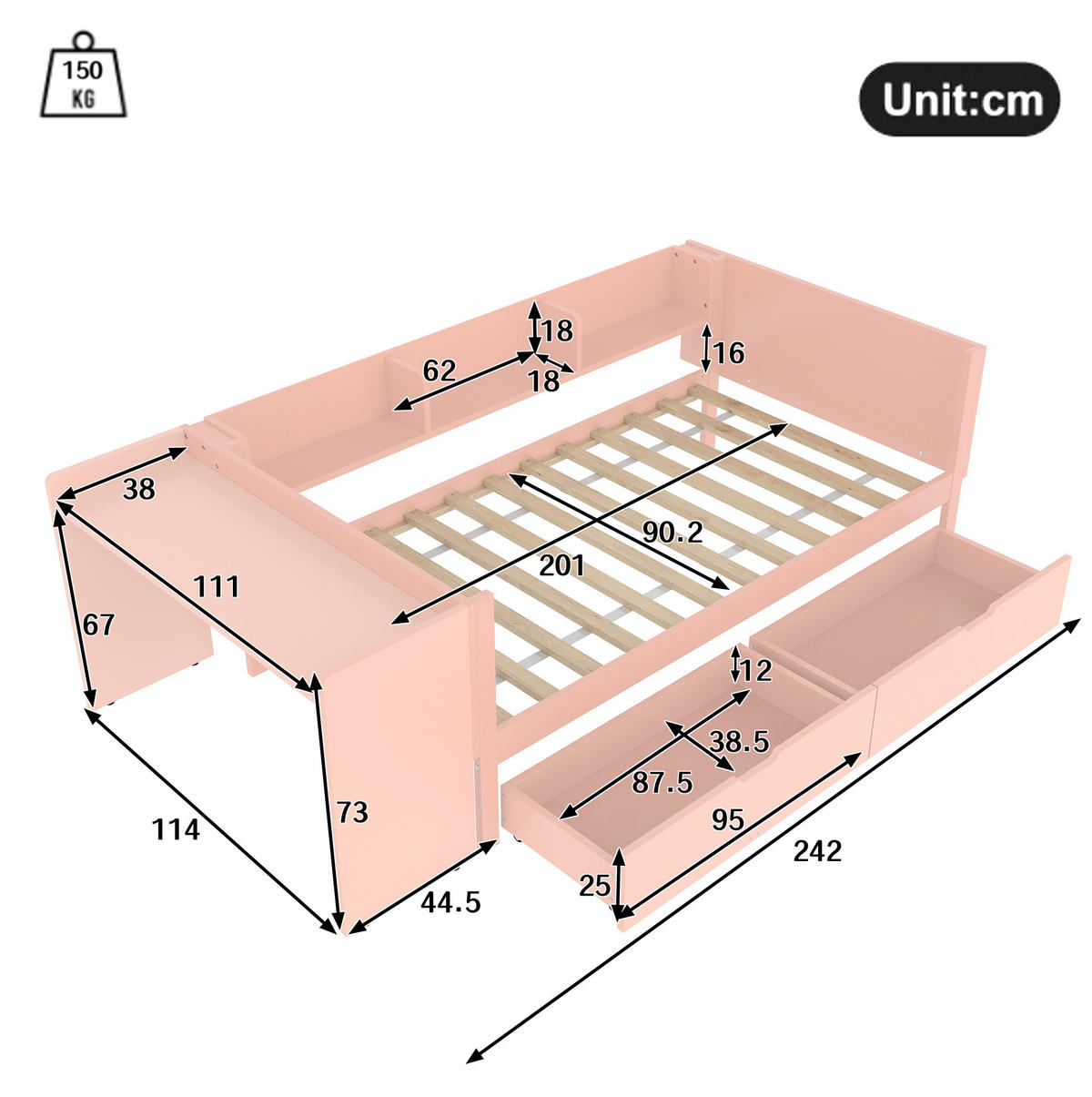KINDERBETT 90/200 cm mit Schreibtisch, 3 Regalen, 2 Schubladen und Absturzsicherung aus Kiefer/Spanplatte, Rosa/Weiß - Rosa, Holzwerkstoff (90/200cm) - Redom