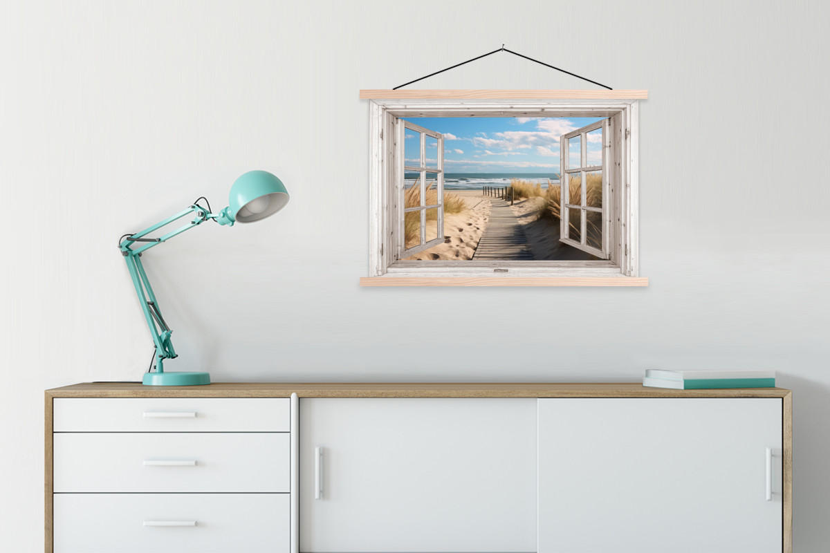 POSTER Fenster - Meer - Küste - Natur - Fensterblick - Strand - Wattenmeer 90x60 cm - Beige, Textil (90/60/0.15cm) - MuchoWow