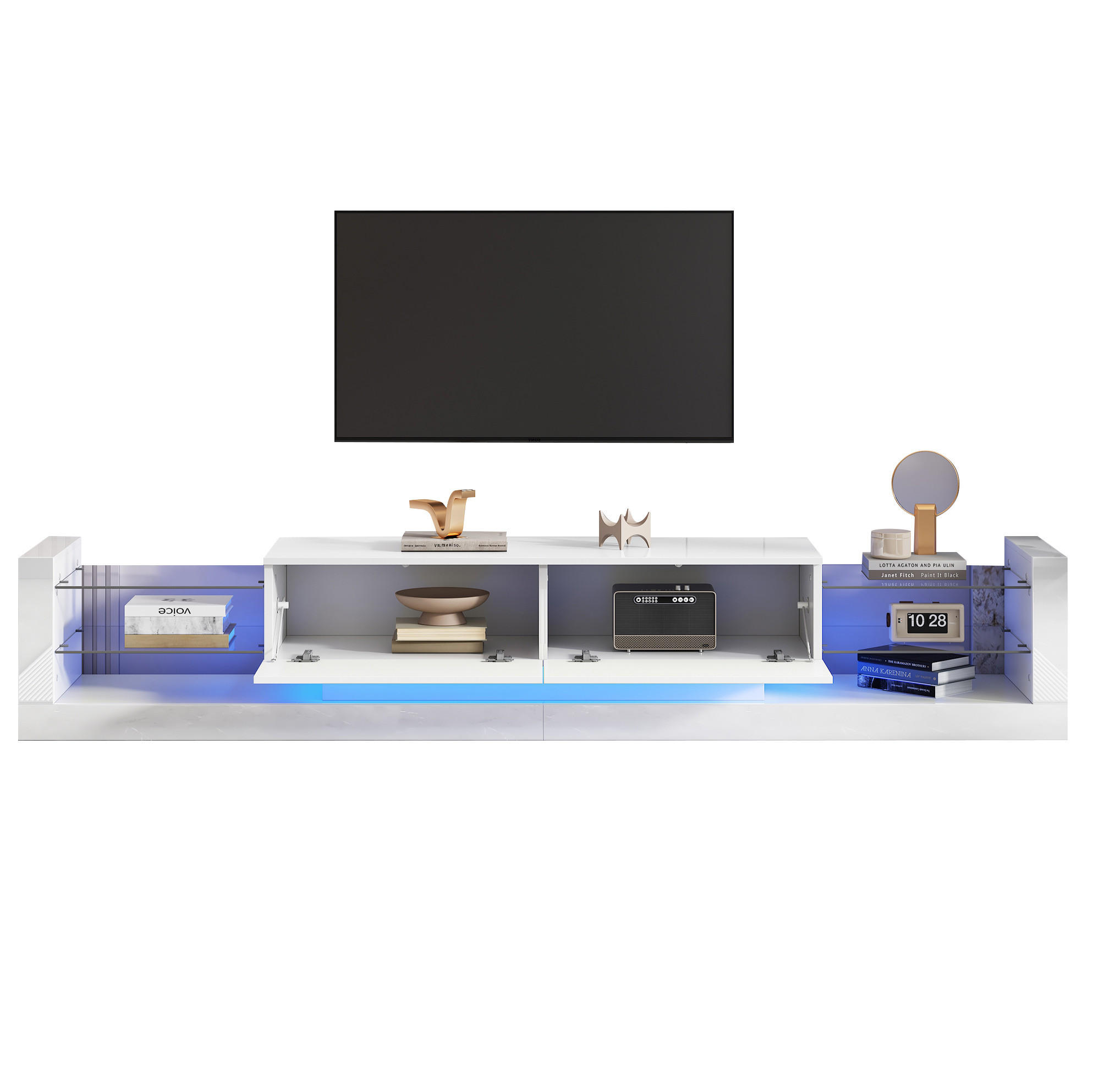 LOWBOARD 181/38/38 cm Weiß aus Spanplatte mit Hochglanzfront, Glasfront und LED-Beleuchtung - Weiß, Holzwerkstoff (38/38/181cm) - OKMYHOME