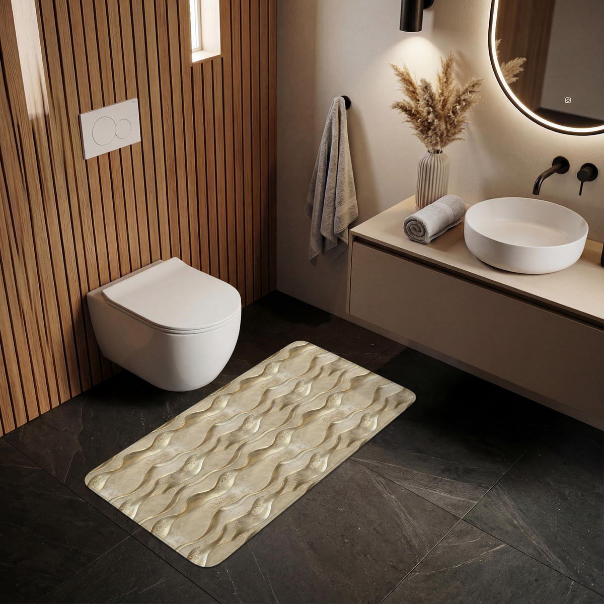 KOUPELNOVÁ PŘEDLOŽKA Vlny - vzor - zlaté 120x60 cm - barva mosazi, textil/plast (120/60cm)