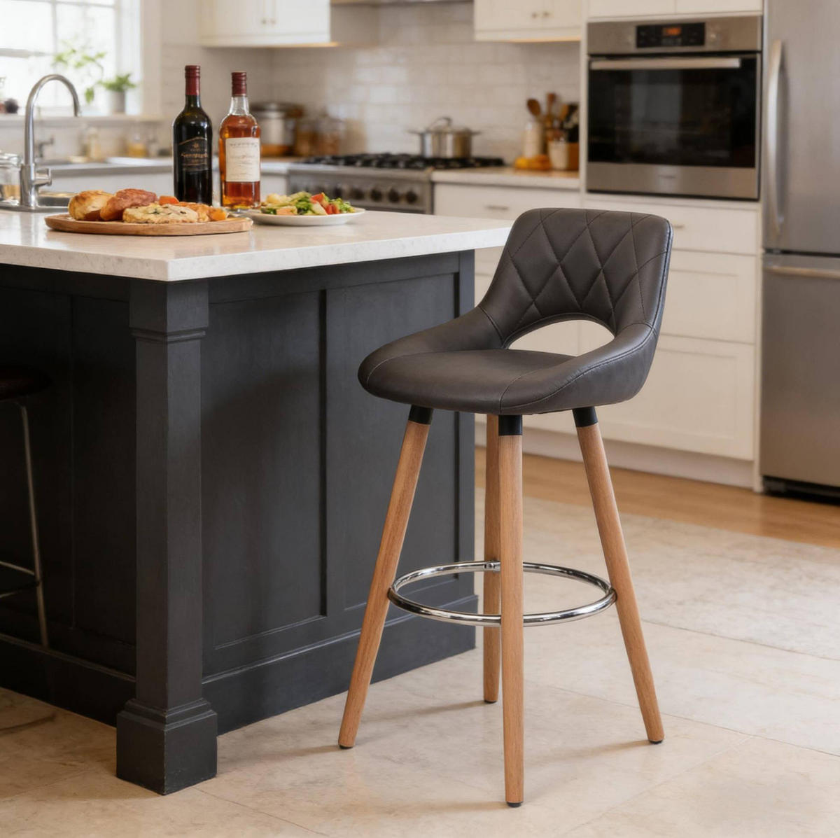 BARHOCKER mit Rückenlehne 68 cm Kunstleder Grau - Grau, Holz (40/70/43cm) - Meubliv