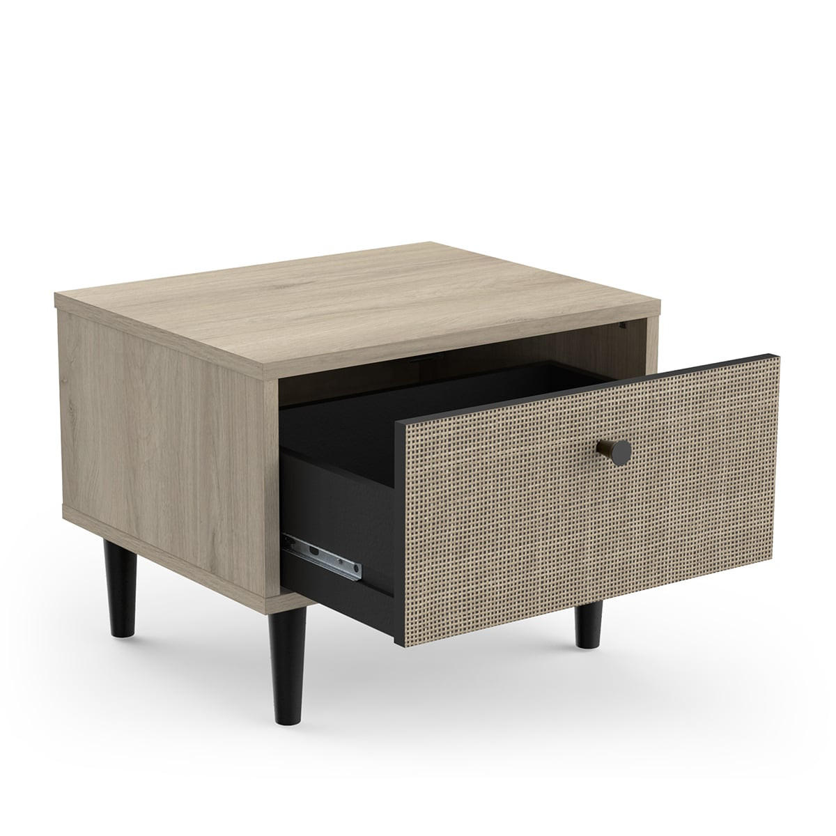 NACHTTISCH 1 Schublade Eiche Dekor - Druck Rattan und Mattschwarz L44,6 cm - Saïgon - Braun, Holzwerkstoff (35.9/34.3/44.6cm) - Calicosy