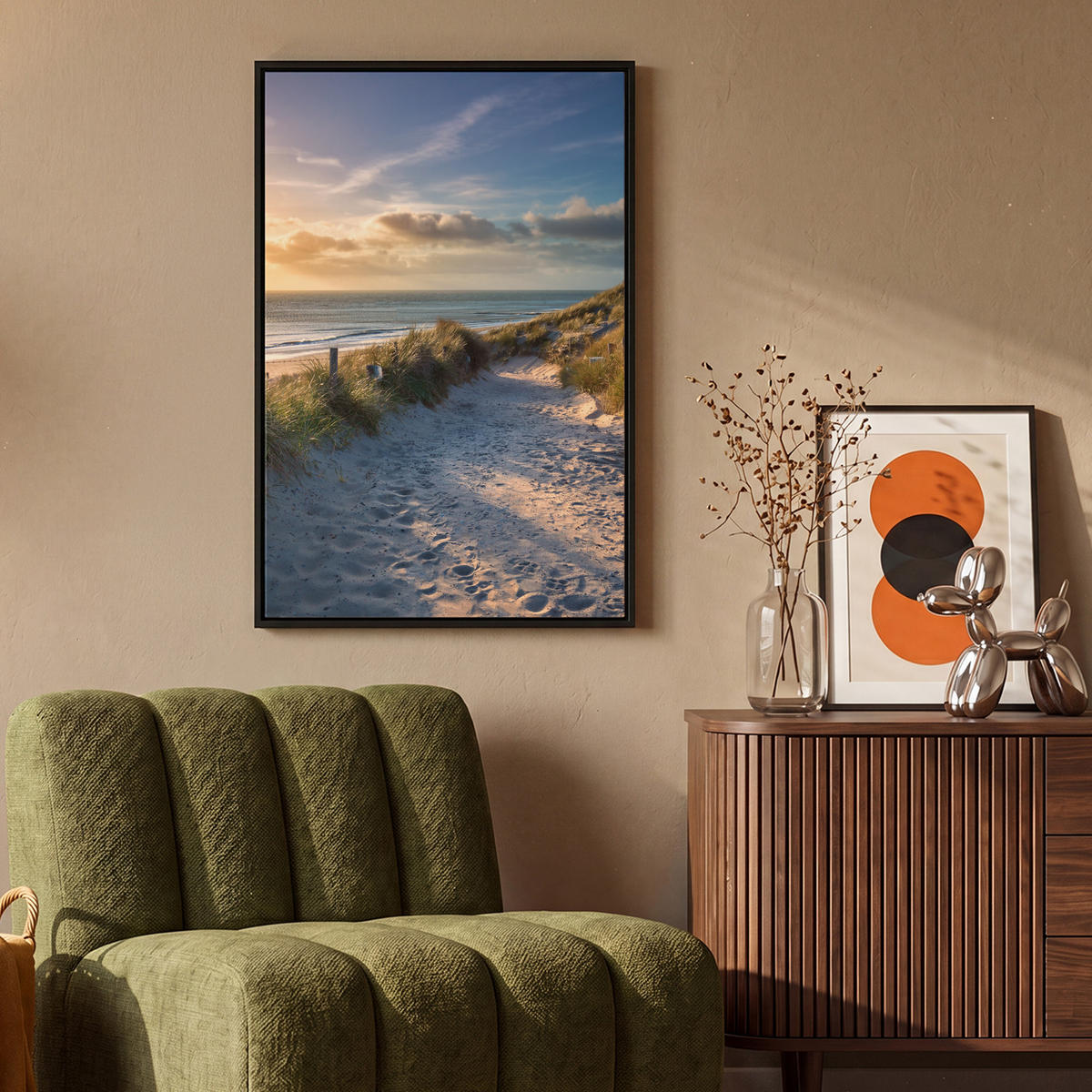 LEINWAND Bilder mit Rahmen - Sonnenuntergang - Strand - Düne - Gras - Ufer - 60x90 - Sandfarben, Textil (60/90cm) - MuchoWow