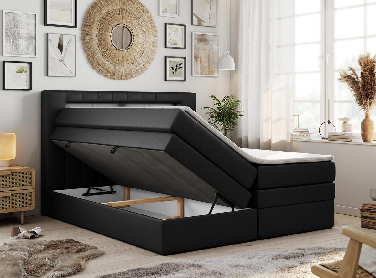 BOXSPRINGBETT GOLD-5 KING LED 160/200 Schwarz Kunstleder - H3 - Schwarz, Holz/Textil (160/200cm) - MKS