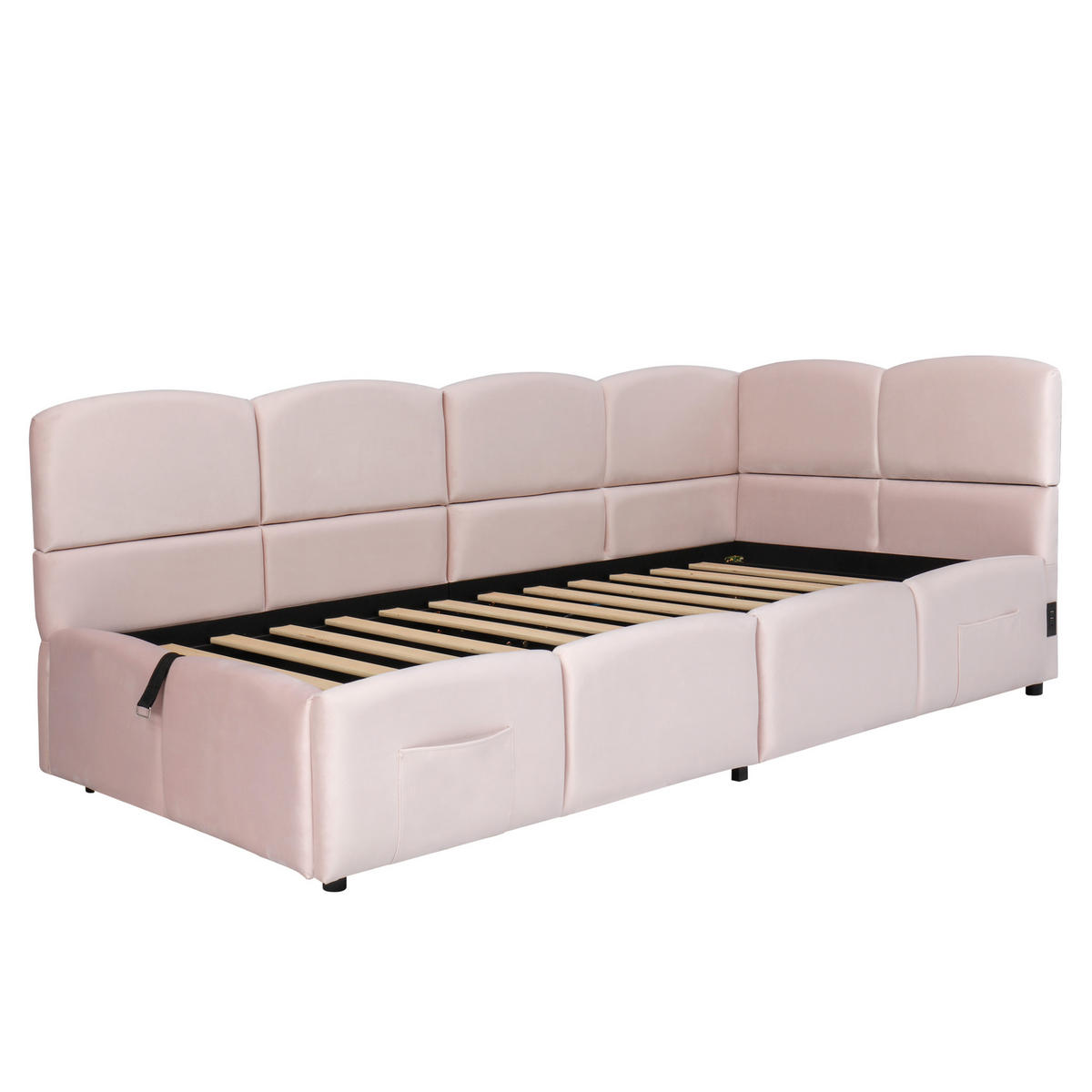 STAURAUMBETT 90/200 cm DE-03030, mit Sofafunktion, USB und Stautaschen, in Rosa - Pink, Metall (90/200cm) - ComfortXL