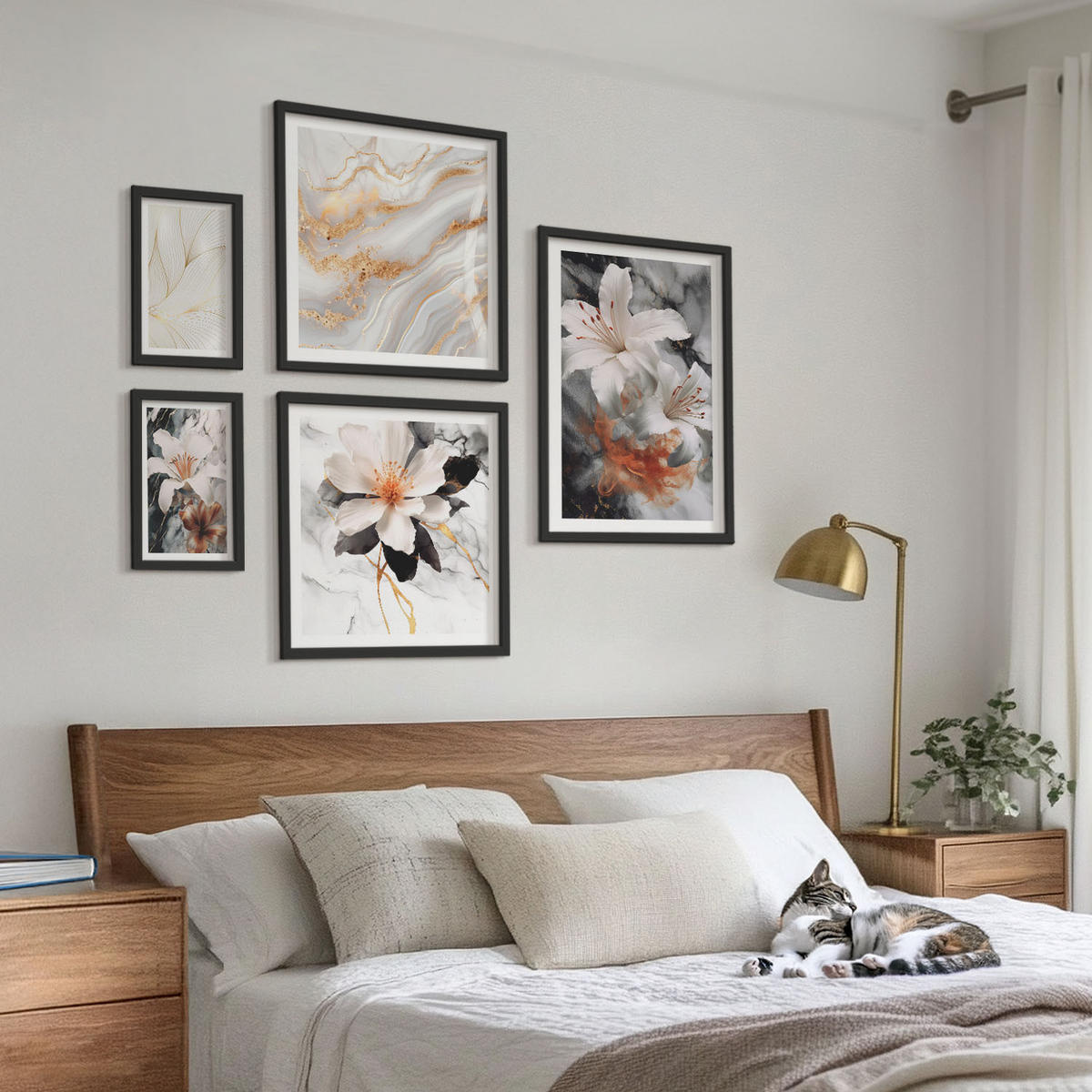 WANDBILDER 5er-Set - 50x50 cm & 20x30 cm & 40x60 cm Schwarzer Rahmen - Blumen Marmor weiß schwarz - Schwarz, Kunststoff (40/60cm) - ArtPrintCave
