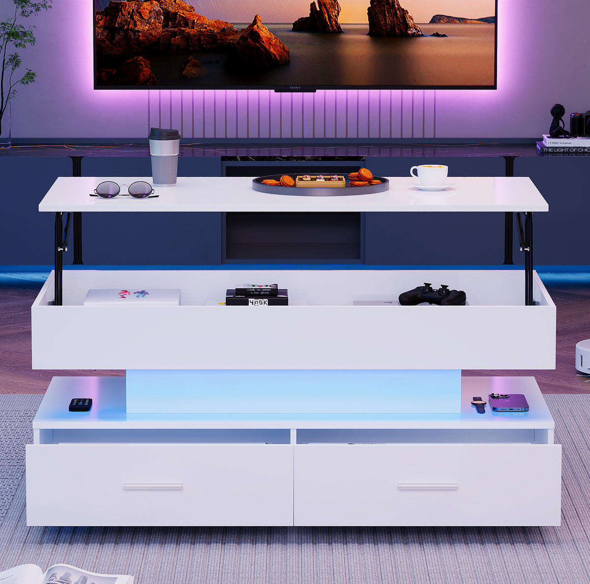 COUCHTISCH höhenverstellbar 100 x 50 x 44 cm Weiß mit LED und 2 Schubladen - Weiß, Holzwerkstoff (100/50/44cm) - Meubliv