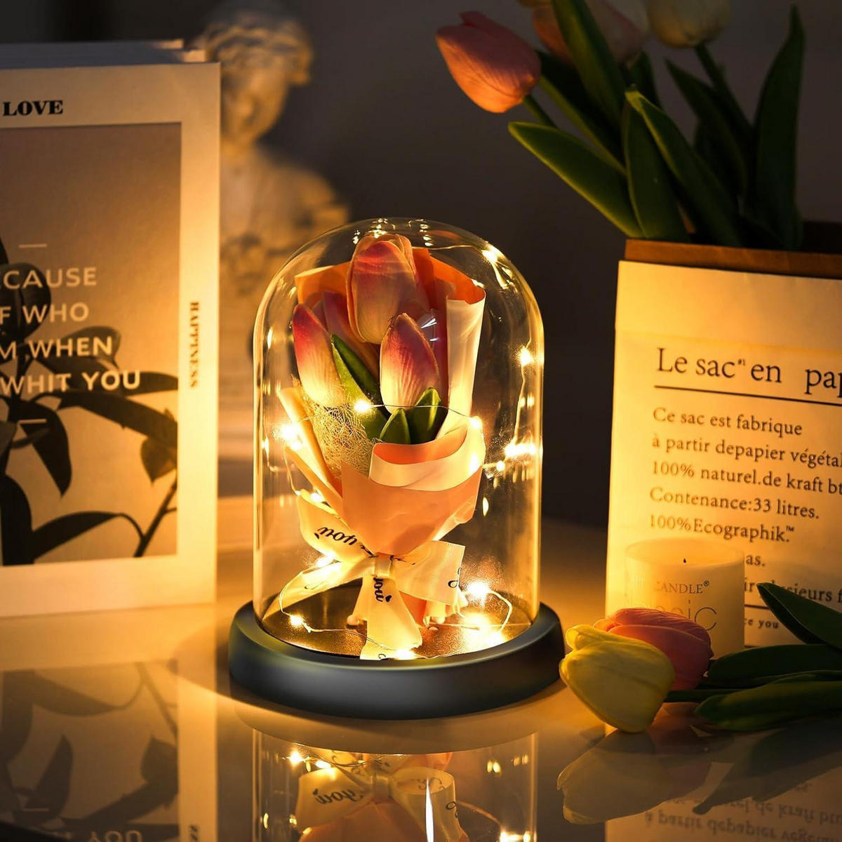 KUNSTBLUMEN im Glas mit LED-Licht Rosa - Rosa, Glas (15cm)
