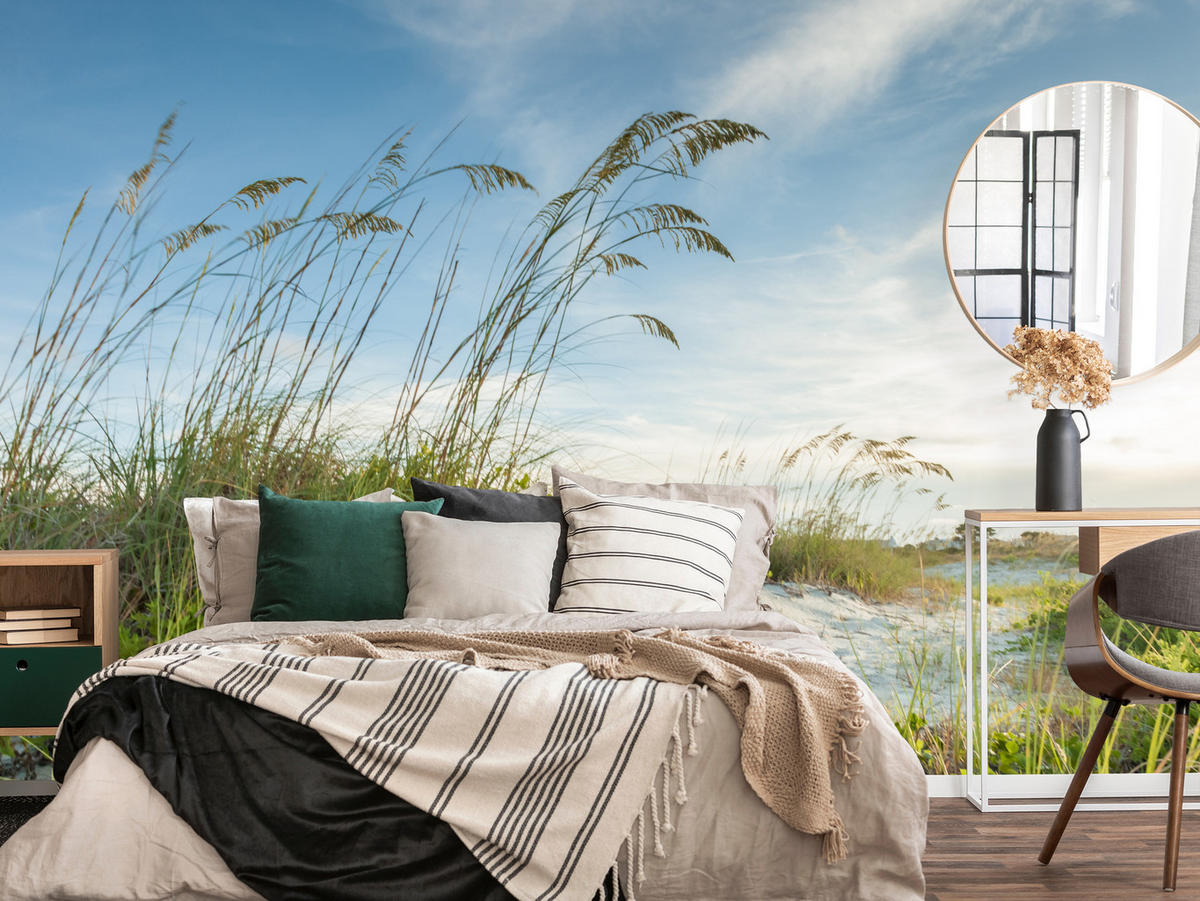FOTOTAPETE für Schlafzimmer Dünen Pflanzen Strand Gras 400x280 - Blau/Beige, Papier (400/280cm) - Muralo