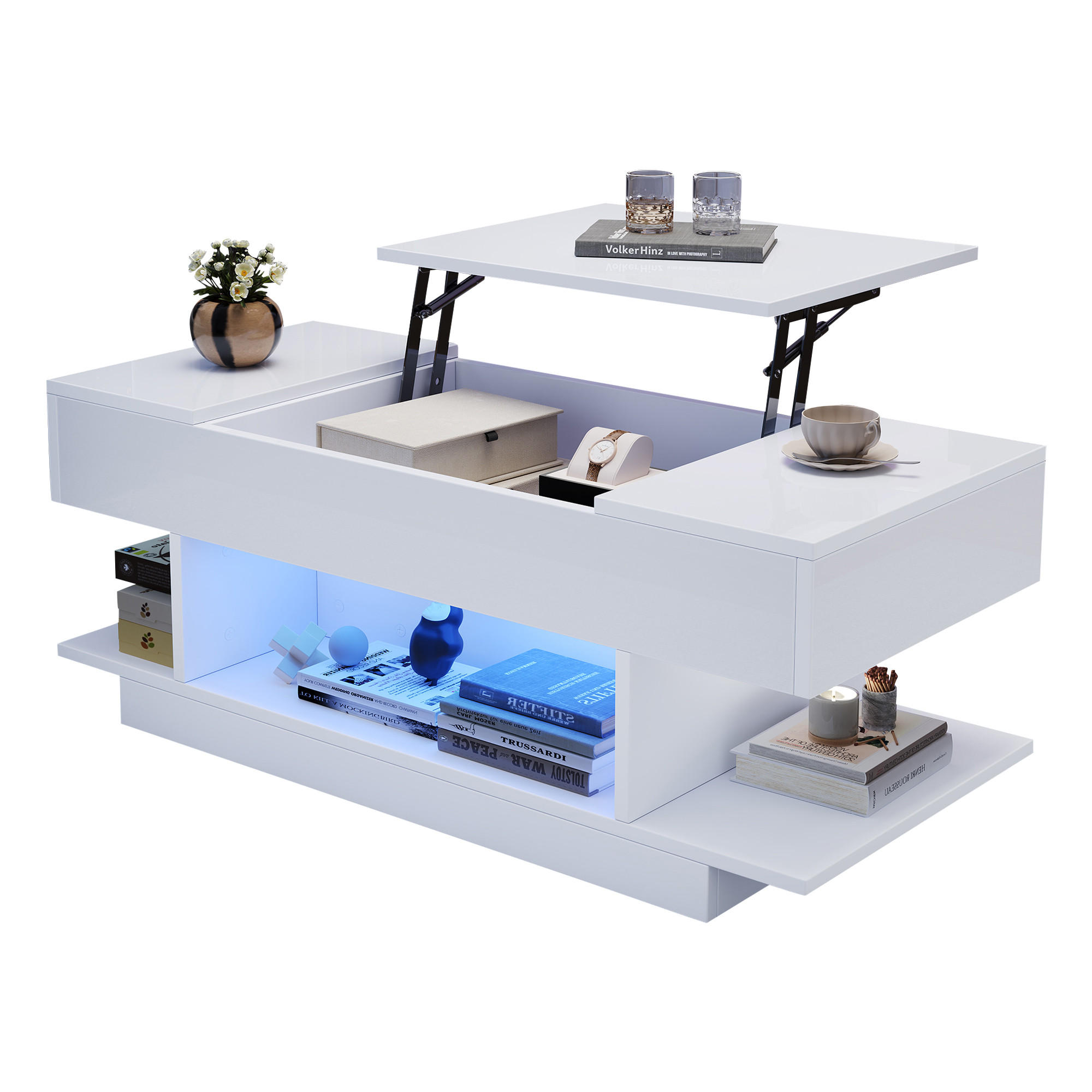 COUCHTISCH 98x45x40 cm Weiß Lift Höhenverstellbar LED 2 Schränke - Weiß, Holzwerkstoff (98/45/40cm)
