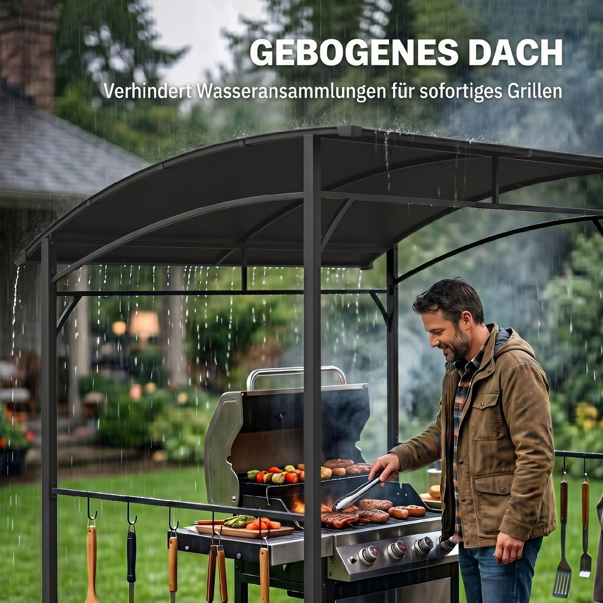 GRILLPAVILLON Metall Polyester Dunkelgrau Schwarz - Dunkelgrau, Metall (150/220/215cm) - Outsunny