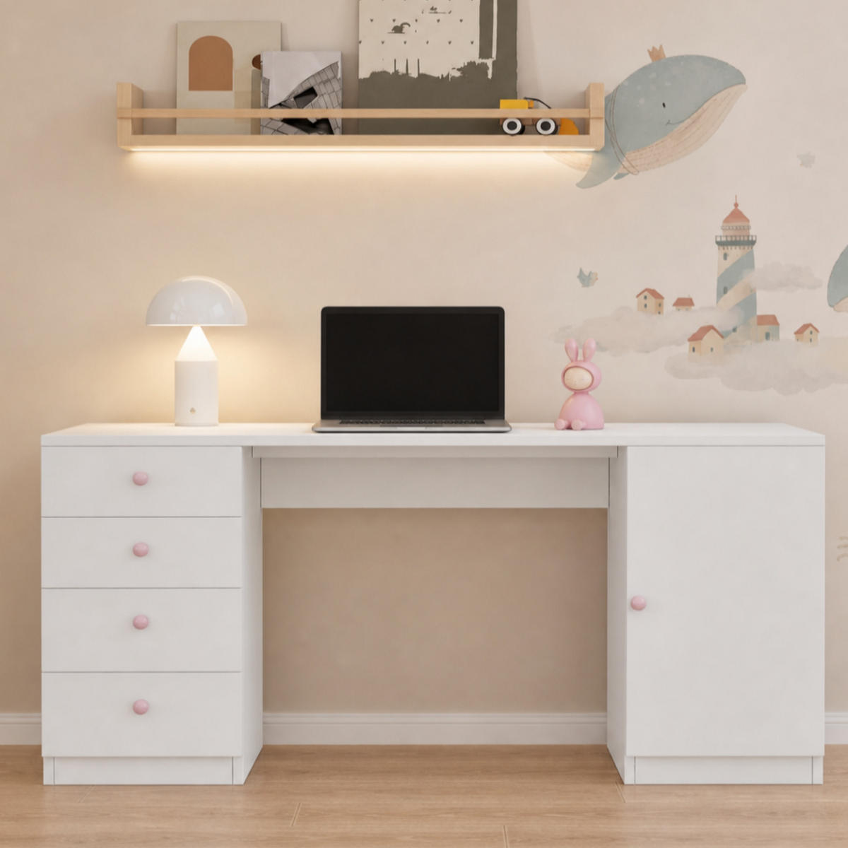 RADNI STOL 155/45/75 cm s 4 ladice, policom i keramičkim ručkama u bijeloj boji - bijela/prirodne boje, drvni materijal (155/75/45cm) - CHICFURN