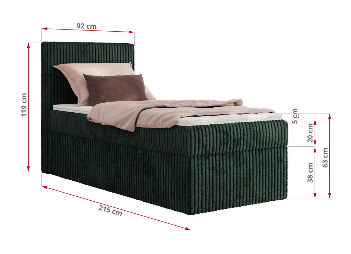BOXBETT TILIANO 90/200 - Dunkelgrün Cord - H4 - Visco Topper - Links - Dunkelgrün, Textil (90/200cm) - MKS