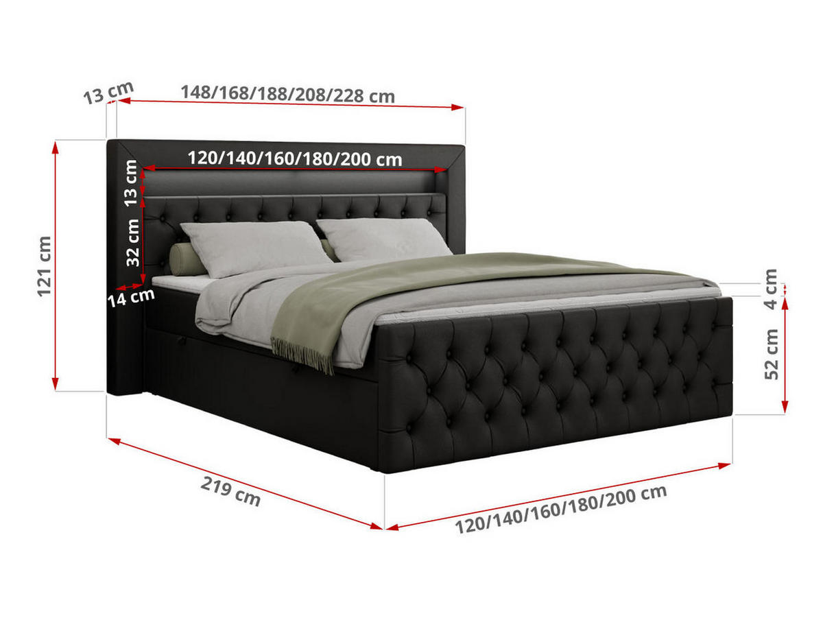 BOXBETT GOLD-9 LED 200/200 Schwarz Kunstleder - H3 - Schwarz, Holz/Textil (200/200cm) - MKS