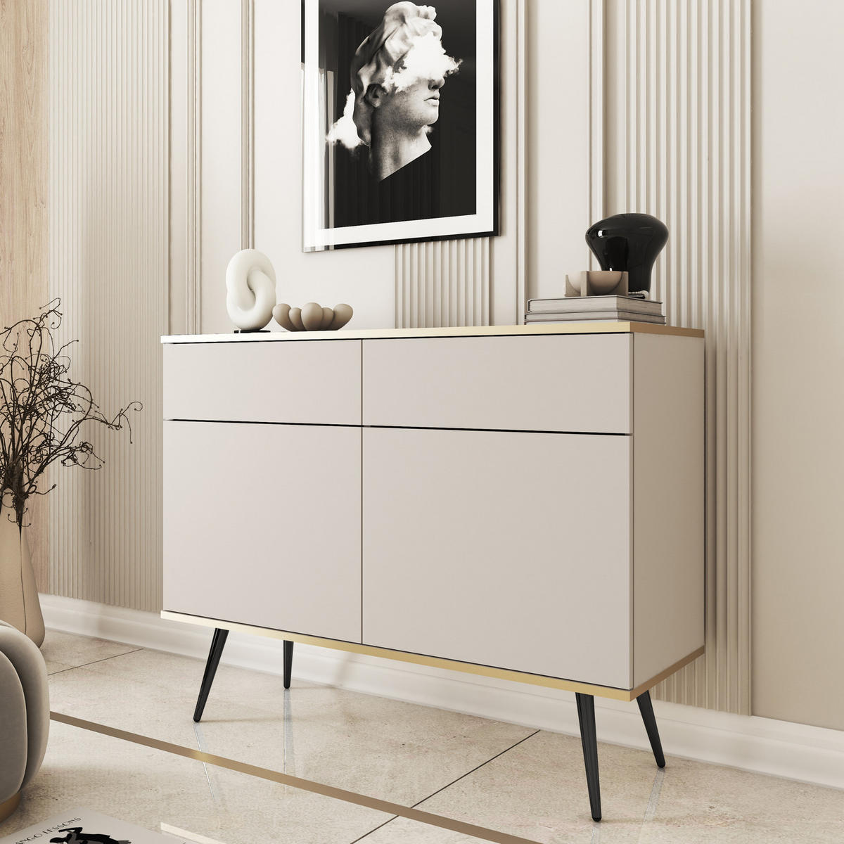 KOMMODE FORNO (Beige, Goldene Details, 2 Türen, 2 Schubladen, schwarze Metallfüße) - Beige/Schwarz, Holz/Holzwerkstoff (107/85/39cm) - Ravio