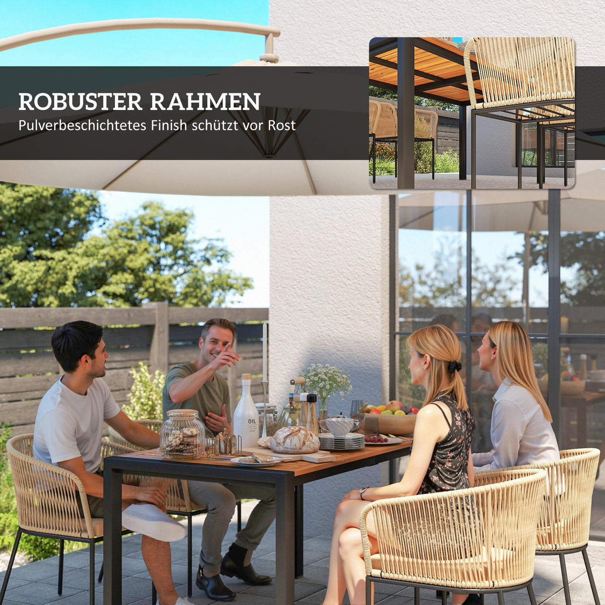 GARTENMÖBEL-SET DE-06739 5-teiliges, 4 Stühle & Tisch, waschbare Kissen Khaki - Taupe/Naturfarben, Holz/Kunststoff - ComfortXL