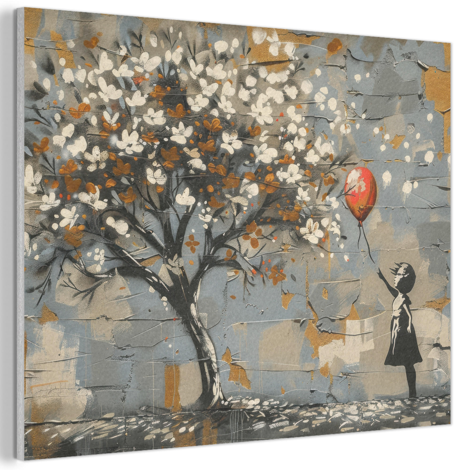 AKUSTIKPANEEL Baum - Graffiti - Banksy-Stil - Ballon-Mädchen 80x60 cm - Blaugrau, Kunststoff (80/60/0.9cm) - MuchoWow