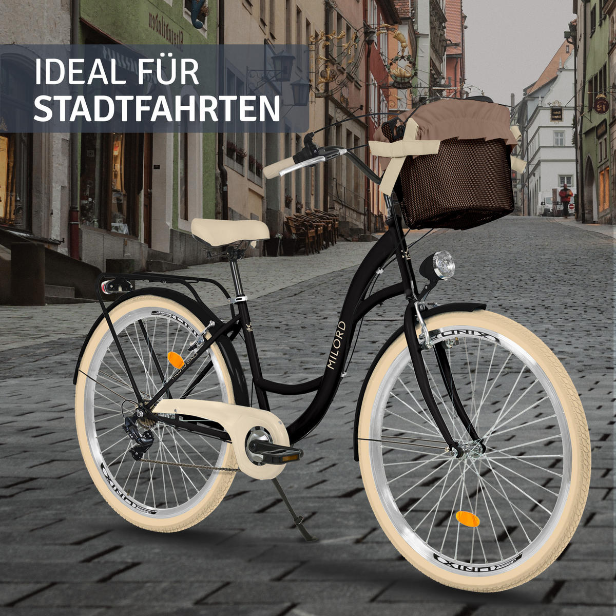 CITY-FAHRRAD Milord mit Metallkorb, 28 Zoll, Schwarz-Creme, 7-Gang - Creme/Schwarz, Metall (46cm) - Milordbikes