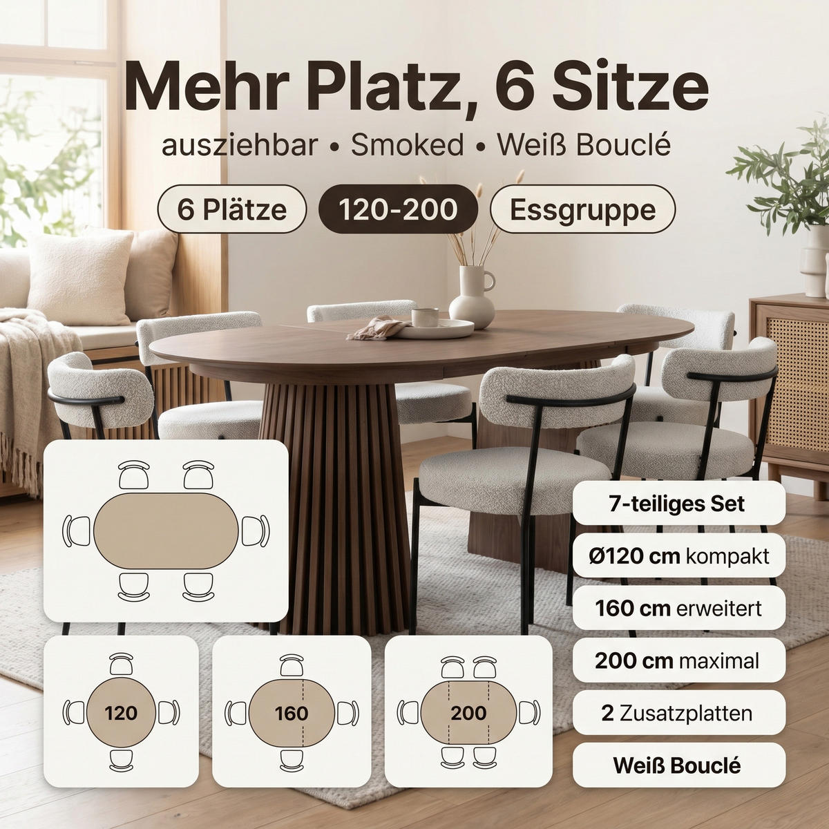ESSGRUPPE 7-TLG. Tokyo Schwarz, Braun - Creme/Schwarz, Holzwerkstoff/Textil (120/75/120cm) - ebuy24