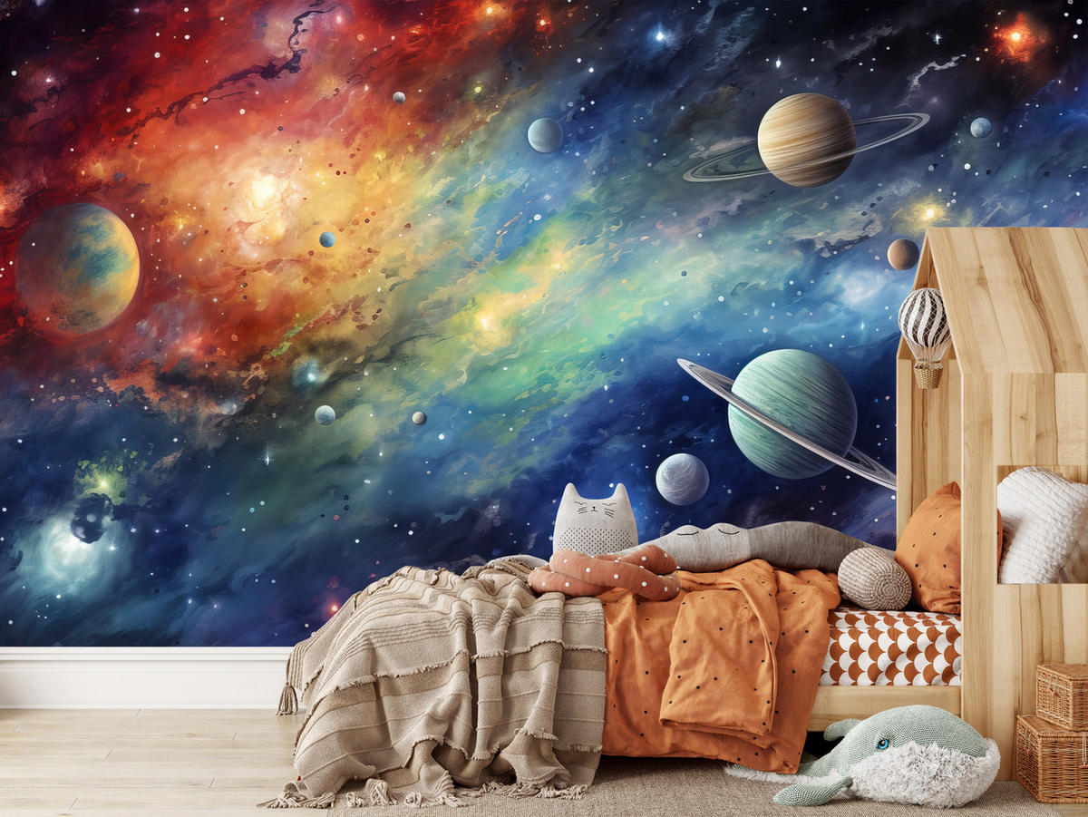 FOTOTAPETE für Jugendzimmer Aquarell Galaxie Planeten Sterne 450x315 - Blau/Gelb, Papier (450/315cm) - Muralo