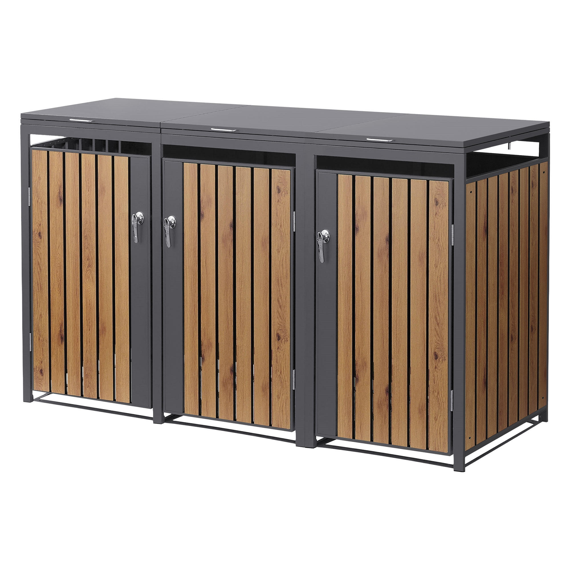 MÜLLTONNENBOX 3er Anthrazit-Holzoptik - Graubraun, Metall (200/120/80cm) - ML-DESIGN