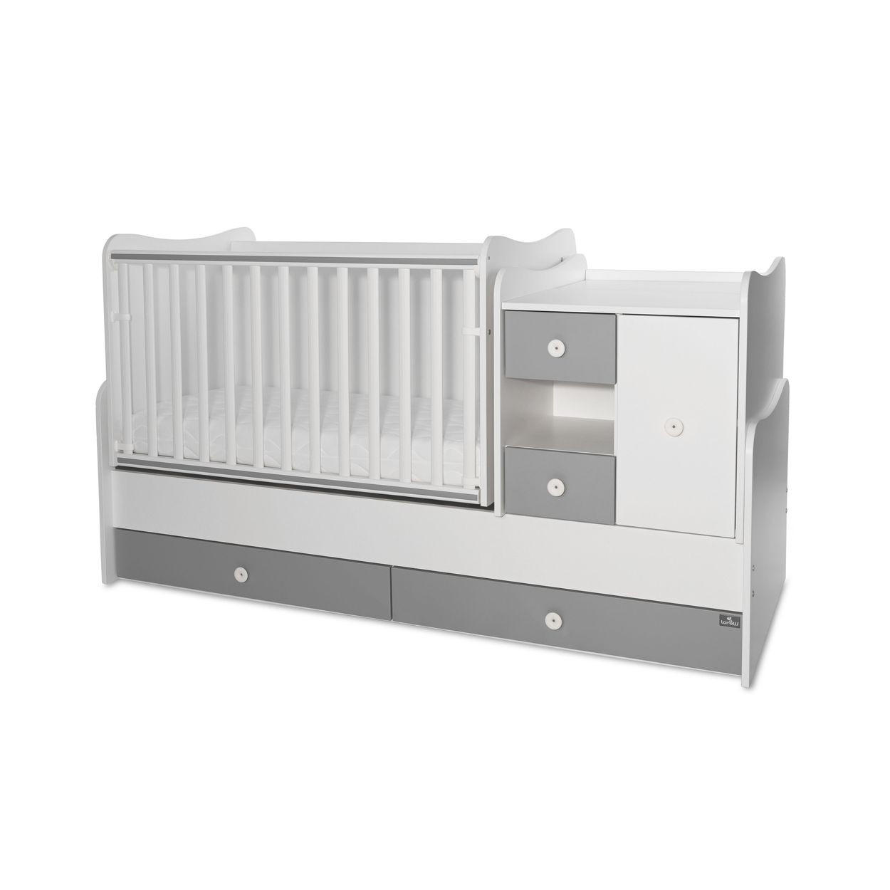 BABYBETT Mini Max 3 in 1 weiß dunkelgrau 120 x 60 cm, Jugendbett 190 x 72 cm, Wickelkommode, Schaukelfunktion - Grau, Holzwerkstoff (72/190cm) - Lorelli