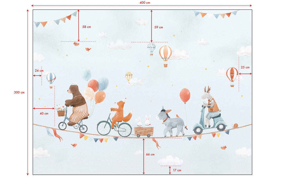 VLIESTAPETE Gentle Friends, Tiere und Luftballons 4m x 3m, blau - Blau, Papier (300/400cm) - Lilipinso