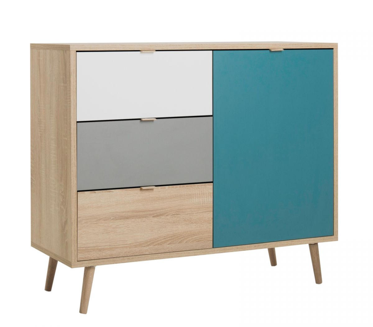 KOMMODE Eiche Sonoma, Petrol, weiß, grau, Anrichte Tricolor skandinavisch - Eichefarben/Petrol, Holz/Holzwerkstoff (103/87/40cm) - Furn.Design