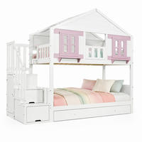ETAGENBETT 90/200 mit Ausziehbett, Stauraumtreppe und Kleideraufhängung in Weiß und Rosa - Weiß/Rosa, Holzwerkstoff (90/200cm) - EVRYAE