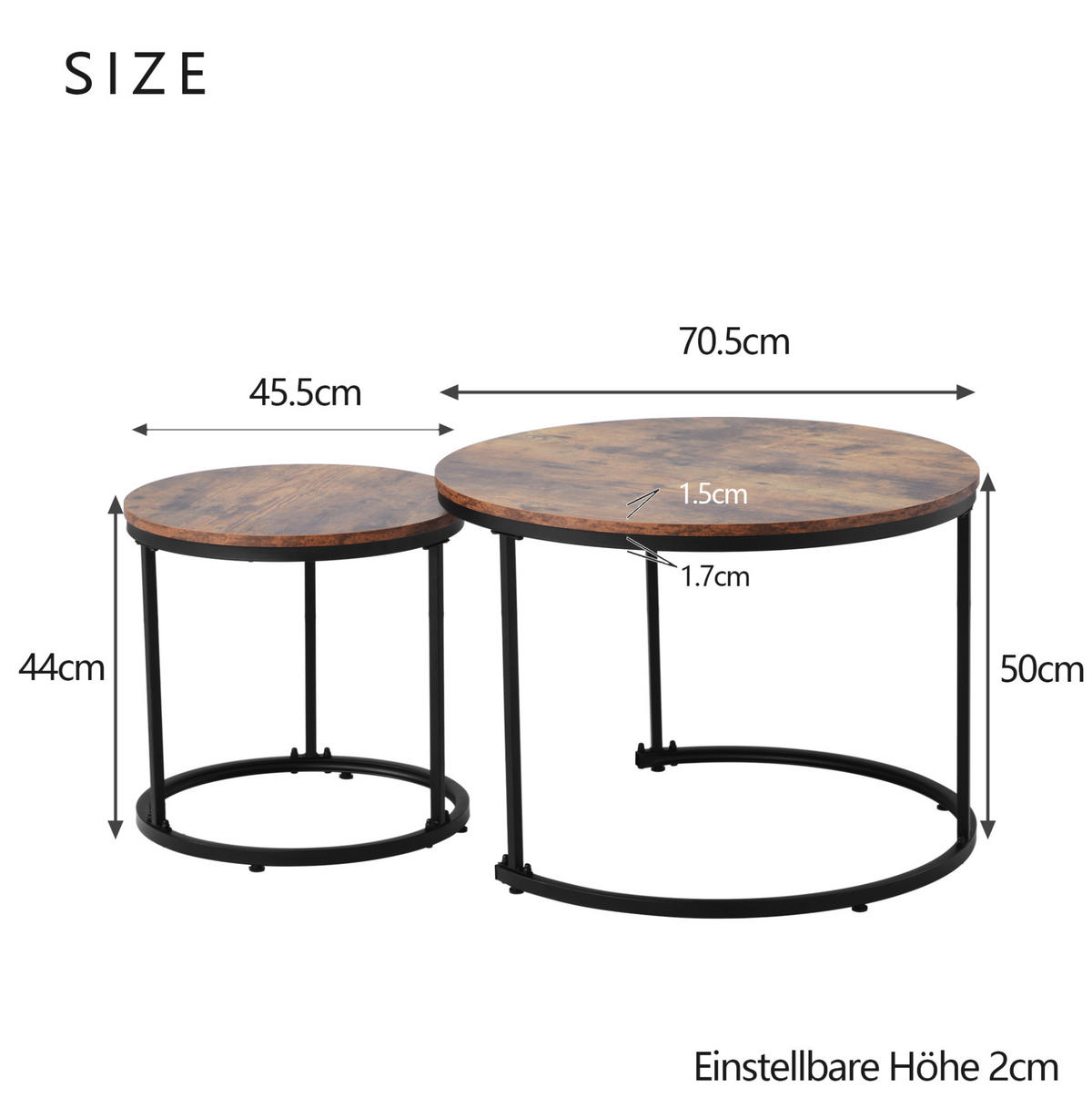 COUCHTISCH 2er Set rund braun 50/70,5 cm und 45,5/44 cm - Braun, Holzwerkstoff (70.5/70.5/50cm) - OKWISH
