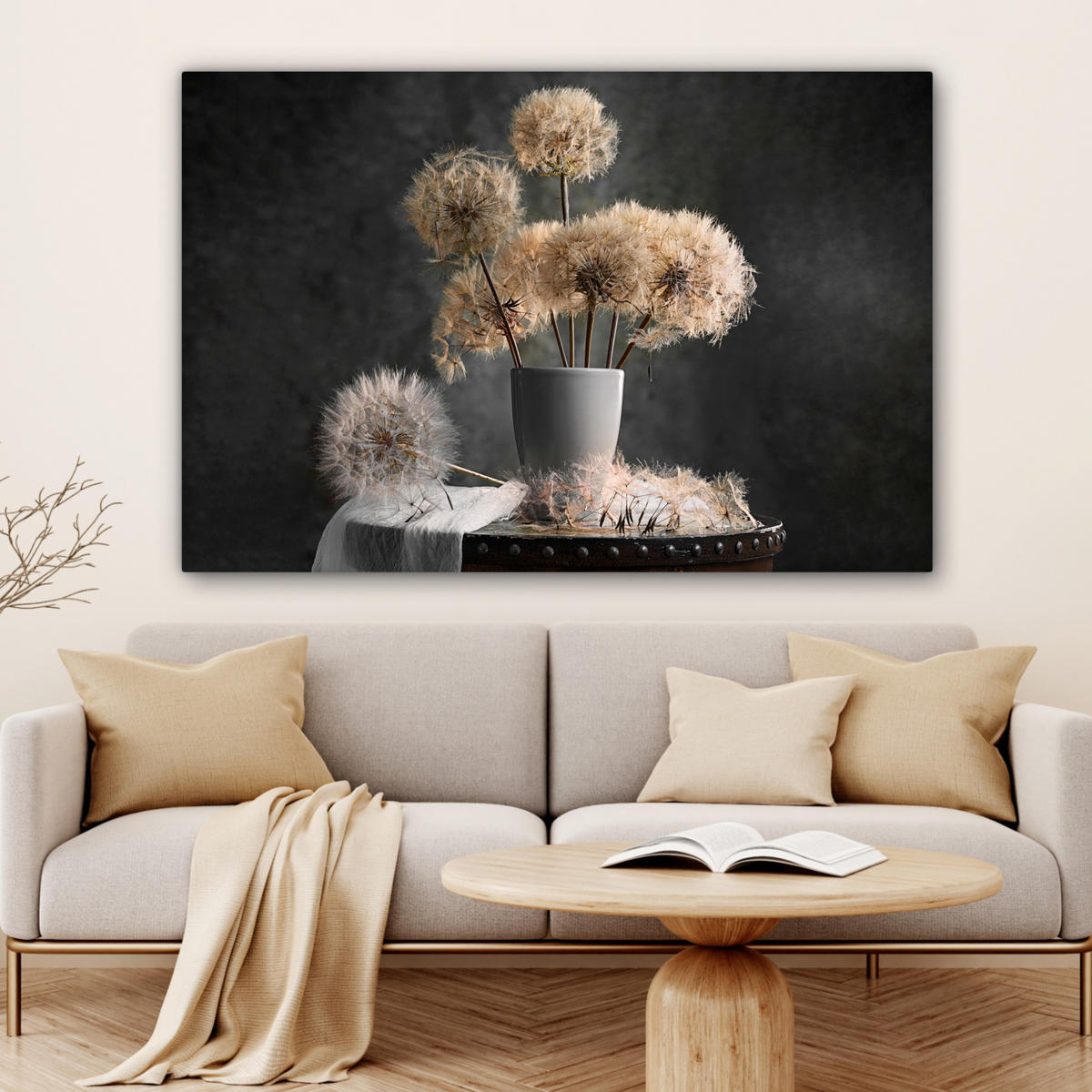 LEINWANDBILD Blumensamen - Löwenzahn - Vase - Stilleben - Blumenstrauß XXL 150x100 cm - Dunkelgrau, Textil (150/100cm) - MuchoWow