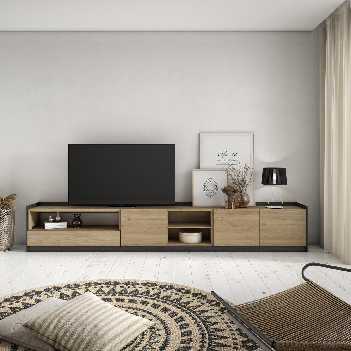 TV-SCHRANK, Lowboard, Eiche Schwarz, 310/37/50cm - Eichefarben, Holzwerkstoff (310/50/37cm) - Skraut Home