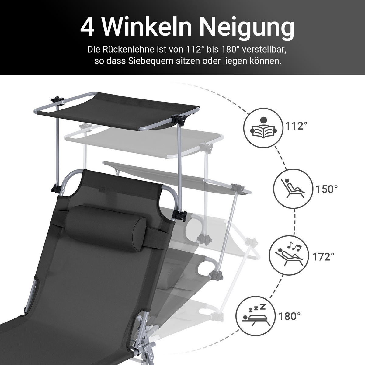 SONNENLIEGE 2er Set Schwarz - Schwarz, Textil/Metall (195/90/63cm) - SoBuy
