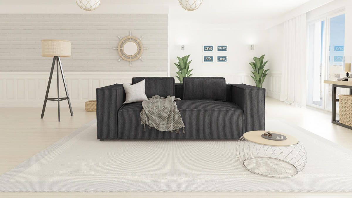 2-SITZER-SOFA Nova Grau Cord - Schwarz/Grau, Holz/Kunststoff (196/64/92cm) - S-Style Möbel