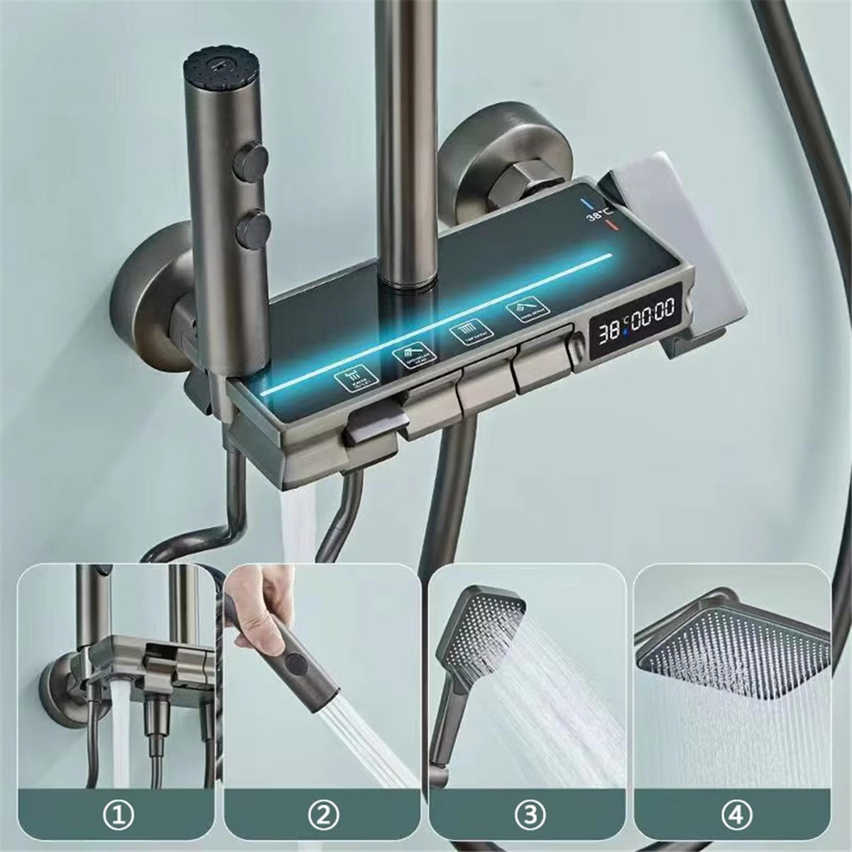 ÜBERKOPFBRAUSESET LED Messing Thermostat Dusche - Dunkelgrau, Metall (20/135/31cm) - Kaket