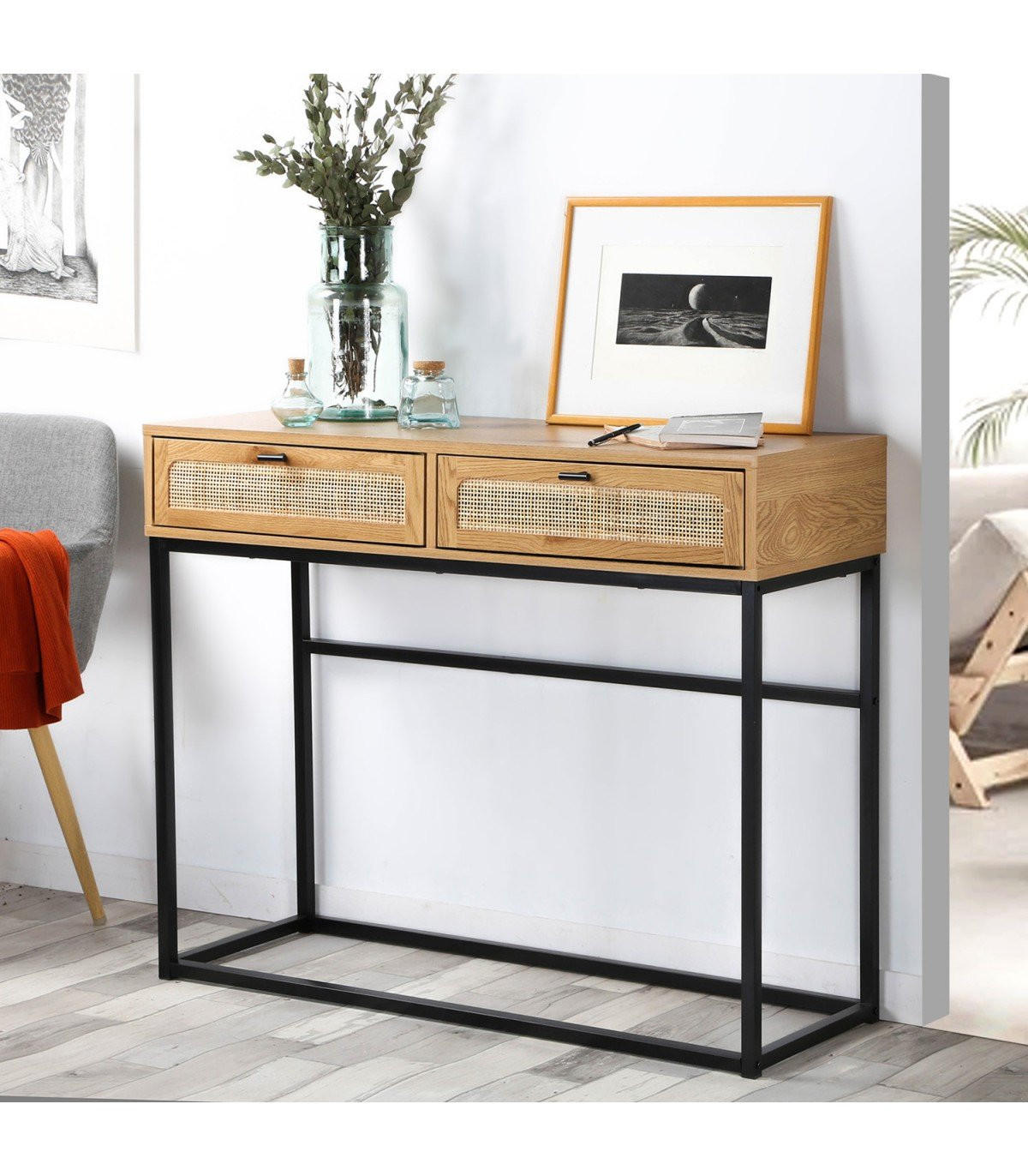 KONSOLE aus Rattan mit 2 Schubladen - L100cm - Apfelbaumfarben, Holzwerkstoff (100/35/80cm) - Calicosy