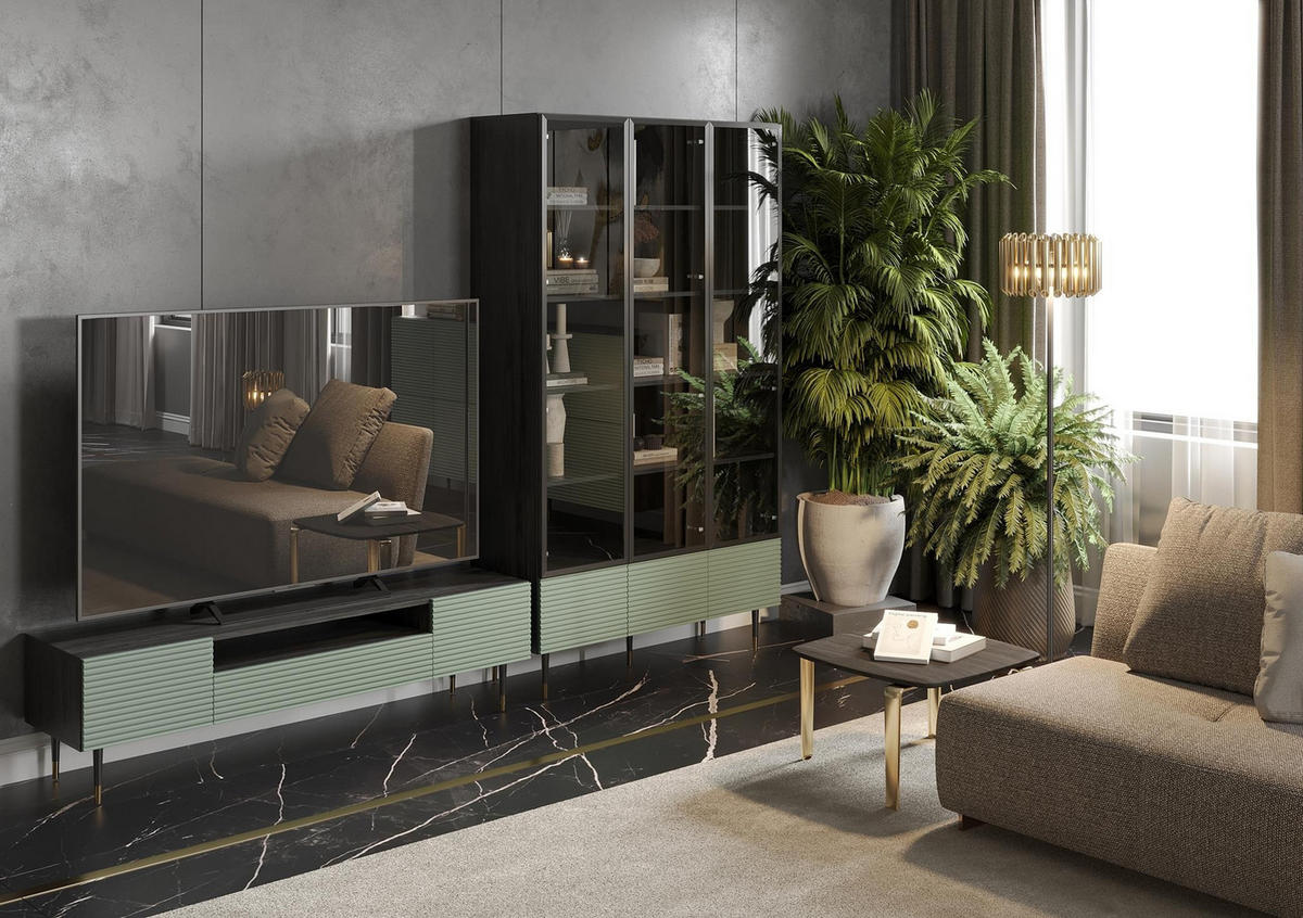 VITRINE Imperio Pistaziengrün, Dreitürige - Schwarz/Grün, Holzwerkstoff (120/206/42cm) - Bettso