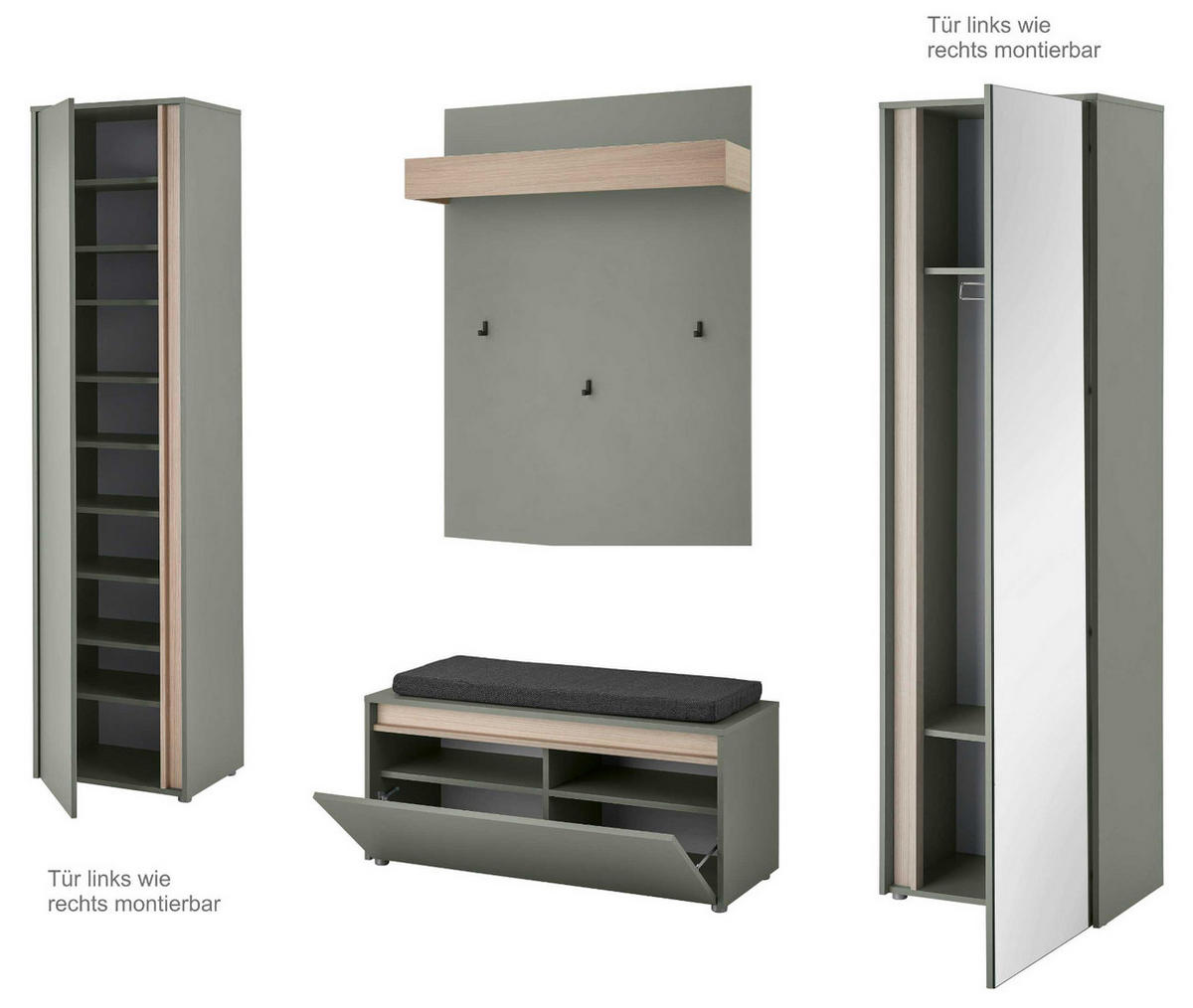 GARDEROBE Komplett-Set 5-teilig in Salbei Grün mit Eiche, Flurgarderobe 230 x 200 cm, inkl. Sitzkissen - Salbeigrün/Eichefarben, Glas/Holz (230/200/40cm) - Furn.Design