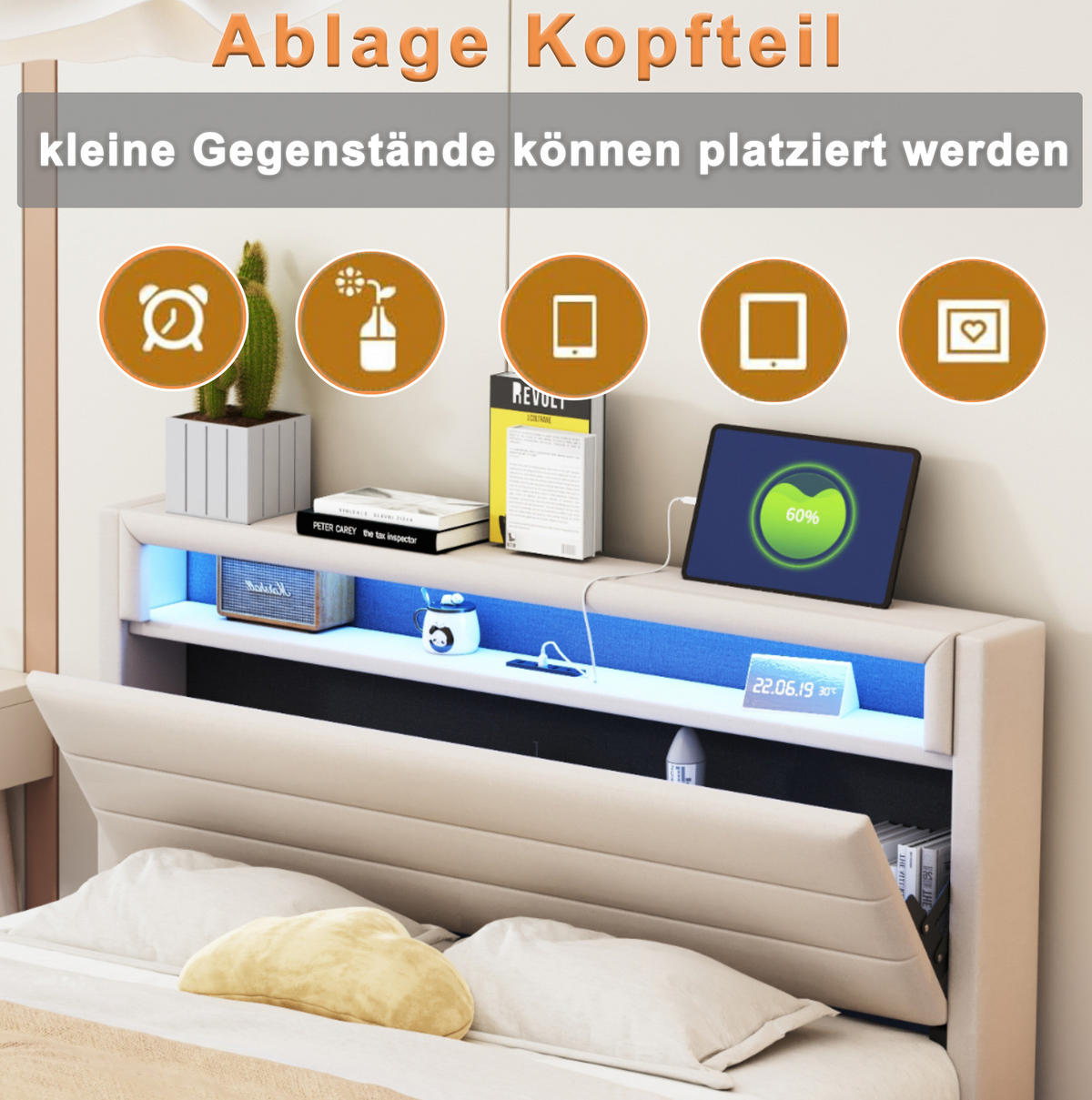 POLSTERBETT 140/200 cm mit LED-Beleuchtung, USB-Anschluss, drehbarem Kopfteil und Bettkasten, Beige - Beige, Textil (140/200cm) - Redom