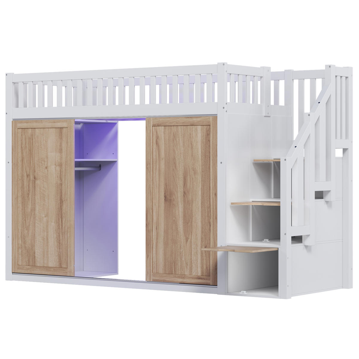 HOCHBETT 90/200 cm mit Kleiderschrank, Treppenschrank und App-gesteuerter LED-Lichtleiste, Weiß/Eichefarben - Weiß, Holzwerkstoff (90/200cm) - Redom