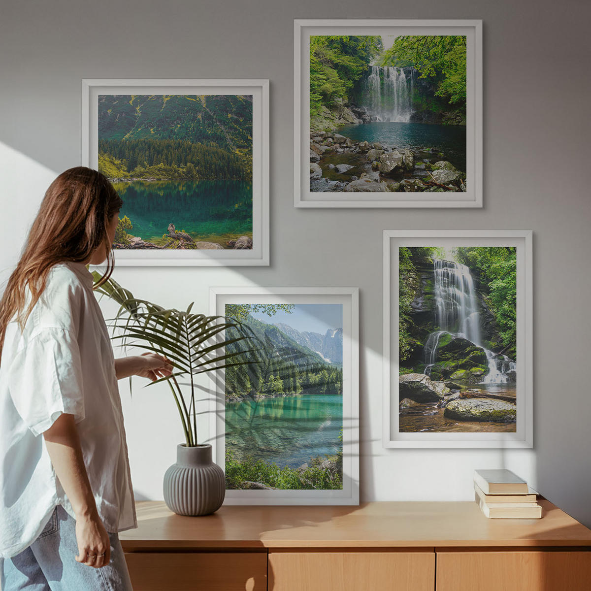 BILDER SET 4er Set - 50x50 cm & 40x60 cm Weißer Rahmen - Wasserfälle in grüner Umgebung - Weiß, Kunststoff (50/50cm) - TULUP