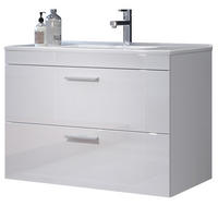 WASCHBECKENUNTERSCHRANK mit Waschbecken weiß Hochglanz, Waschtisch hängend 81 x 59 cm - Weiß Hochglanz/Silberfarben, Holzwerkstoff/Kunststoff (81/59/47cm) - Top.Furn