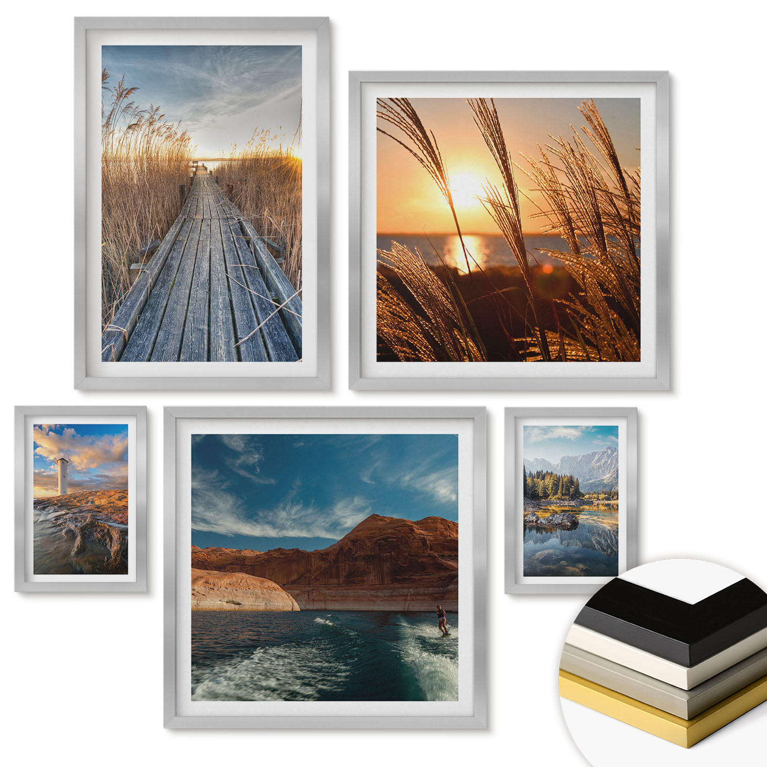 WANDBILDER 5er Set - 50x50 cm & 20x30 cm & 40x60 cm Silberner Rahmen - Leuchtturm-Grassteg - Silberfarben, Kunststoff (40/60cm) - ArtPrintCave