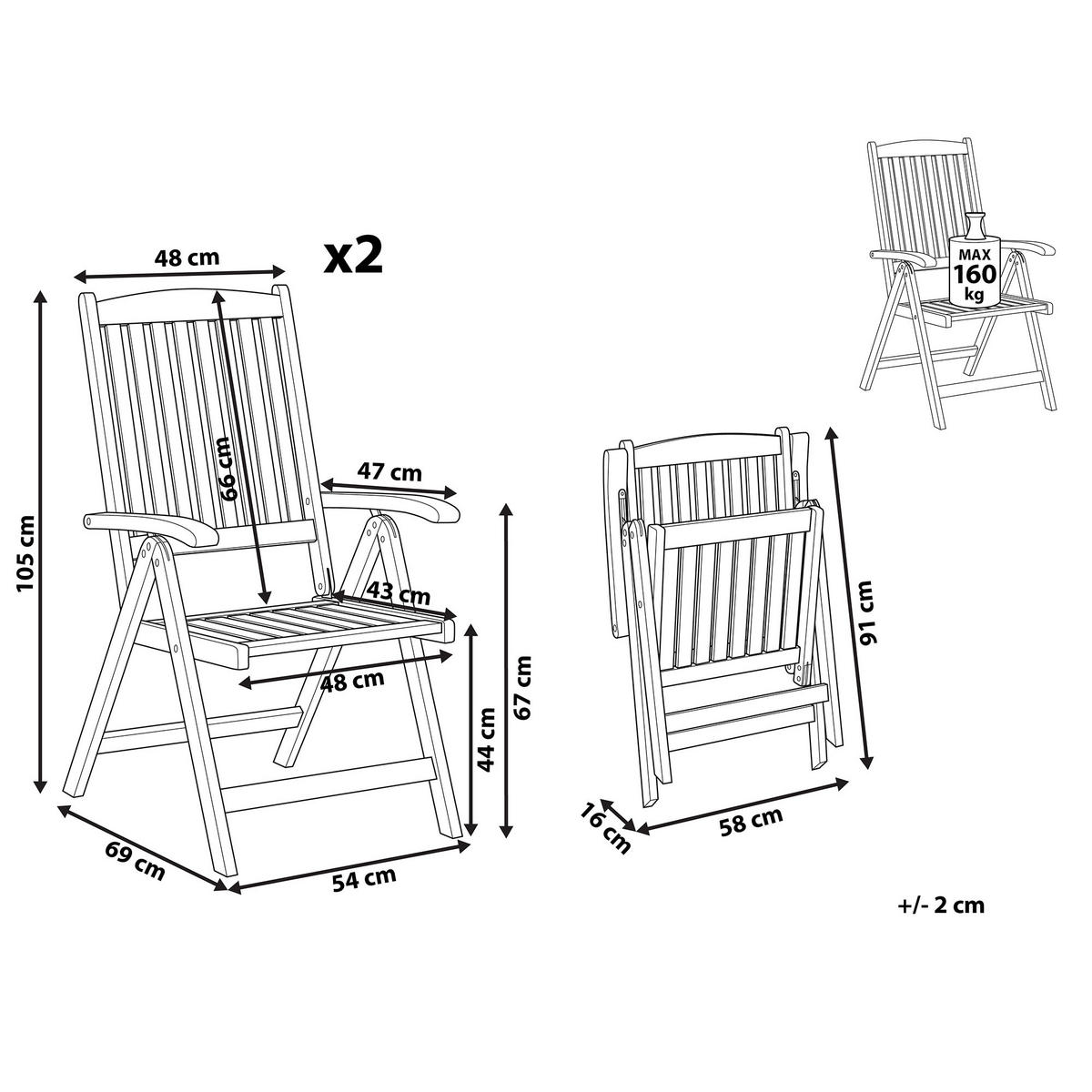 GARTENSTUHL 2er-SET Akazienholz hellbraun verstellbar Java - Hellbraun, Holz (54/105/69cm) - Beliani