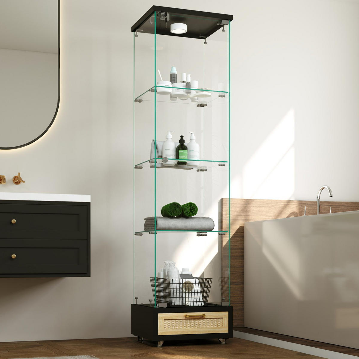VITRINE 42.5/36.5/167 cm schwarz aus MDF und Glas mit LED-Beleuchtung - Schwarz, Holzwerkstoff (36.5/167/42.5cm) - OKMYHOME