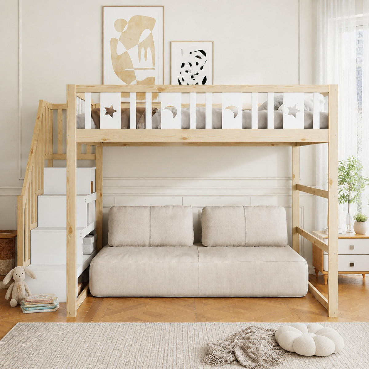 HOCHBETT 140/200 mit Stauraumtreppe, Sicherheitsgeländer und Stern-Mond-Dekor - Naturfarben, Holz (140/200cm) - EVRYAE